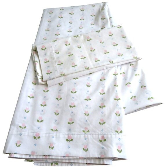 Vintage Double Flat Sheet Standard Pillowcase Set Pink Tulips Made In USA - Picture 3 of 11